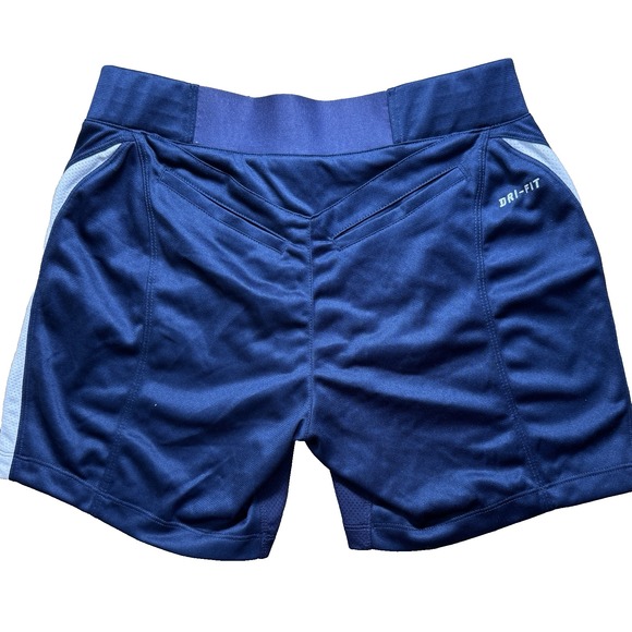 Nike Dri-FIT Navy Blue Athletic Shorts‎ Mens Medium White Stripe Snap Fly 15" L - Picture 2 of 5